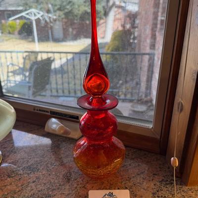 Red/orange/yellow crackled glass decanter w/stopper