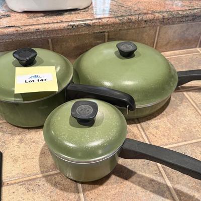 Set of 3 Vintage “Club” green metal pots w/lids