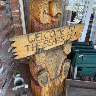Welcome to the Bear’s Den carved tall Wooden Bear