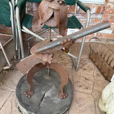 Metal dog with Double Barrel Shotgun on wood base - Yard Art Decoration