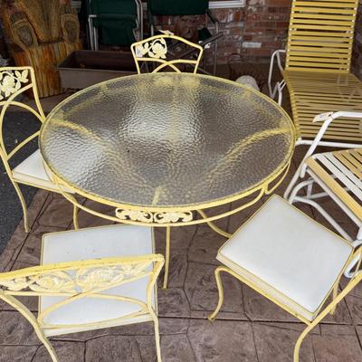 5 piece vintage yellow metal & glass top patio set