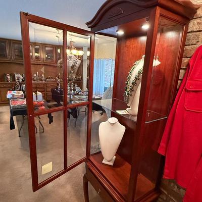 1 Pc Wood & Glass lighted curio cabinet 83”t x 27”w x 13.5”d