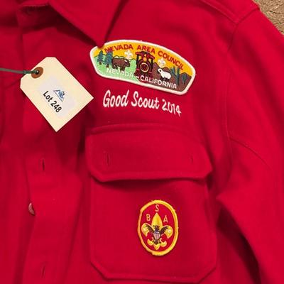 Red Nevada Area Council Boy Scouts button up coat/jacket w/2 patches