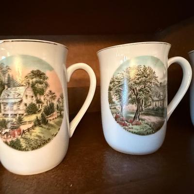 2 sets of 4 country scene/dogs collectible mugs