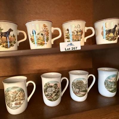 2 sets of 4 country scene/dogs collectible mugs
