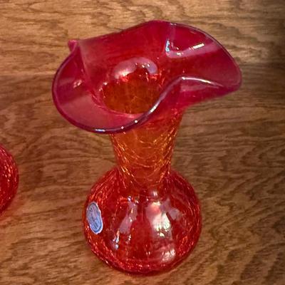 4 orange/red/yellow glass pieces 2 sm decanters & 2 vases by Rainbow