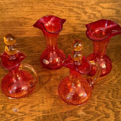 4 orange/red/yellow glass pieces 2 sm decanters & 2 vases by Rainbow
