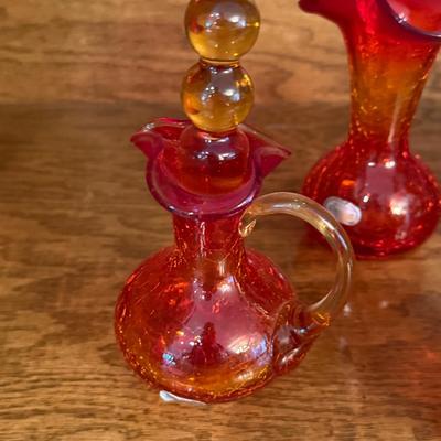 4 orange/red/yellow glass pieces 2 sm decanters & 2 vases by Rainbow