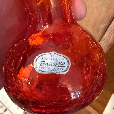4 orange/red/yellow glass pieces 2 sm decanters & 2 vases by Rainbow