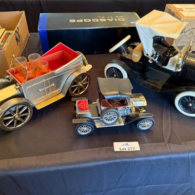 3 antique collectible cars - 1 is decanter w/loose steering wheel
