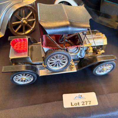 3 antique collectible cars - 1 is decanter w/loose steering wheel