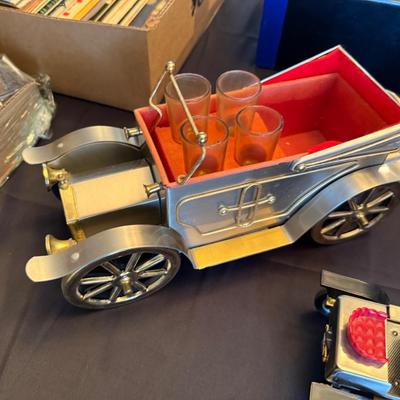 3 antique collectible cars - 1 is decanter w/loose steering wheel