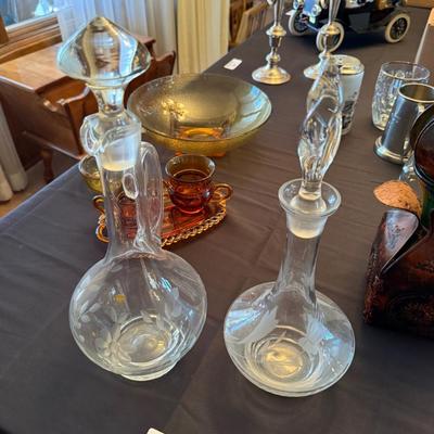 2 tall crystal glass etched decanters w/stoppers