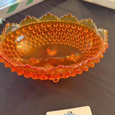 Vintage footed orange/yellow knob glass candy dish