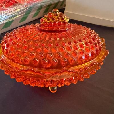 Vintage footed orange/yellow knob glass candy dish