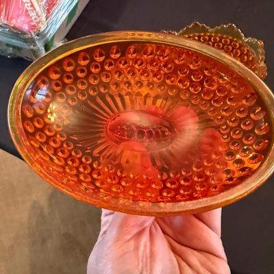 Vintage footed orange/yellow knob glass candy dish
