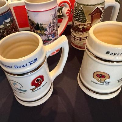 Set of 5 Beer Steins - 2 Budweiser, 1 Disneyworld, 2 Super bowl XVI & XVII