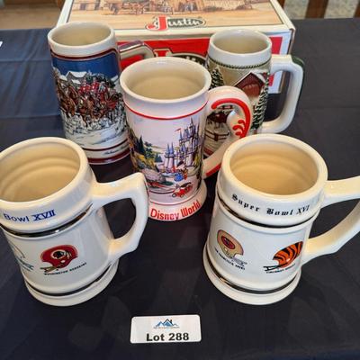 Set of 5 Beer Steins - 2 Budweiser, 1 Disneyworld, 2 Super bowl XVI & XVII