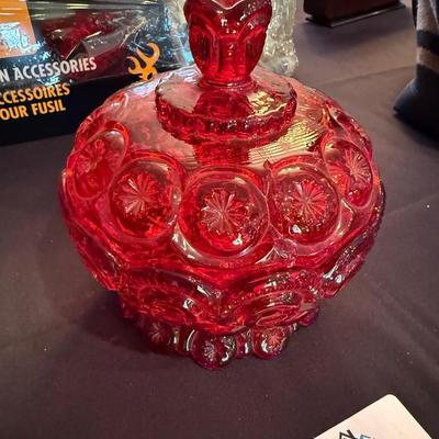 Red glass 2 piece footed vintage candy dish w/lid