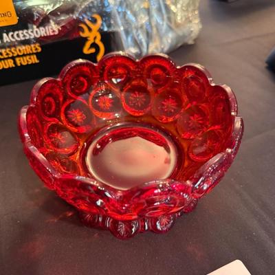 Red glass 2 piece footed vintage candy dish w/lid