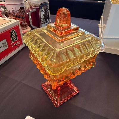 Orange/Yellow vintage glass footed candy dish