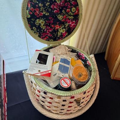 Vintage woven Sewing Basket with accessories