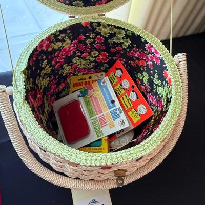 Vintage woven Sewing Basket with accessories