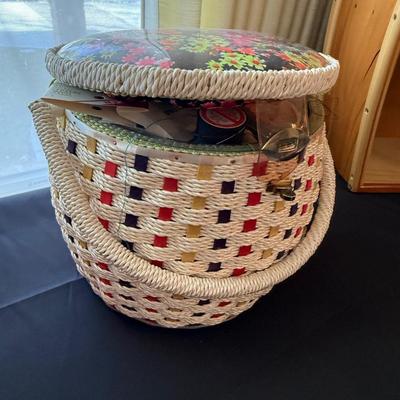 Vintage woven Sewing Basket with accessories