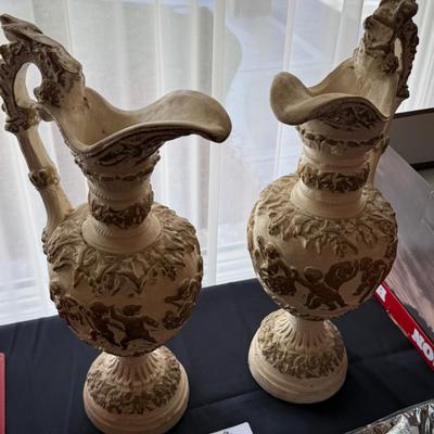 Pair of gold & white decorative ceramic pitchers