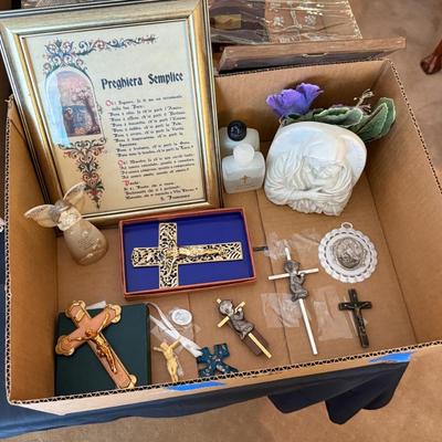 2 Boxes of Religious/Catholic items/Sterling Rattle-teathing ring