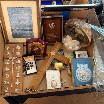 Sale Photo Thumbnail #1157: Rosaries/holy water/shell/framed and assorted items