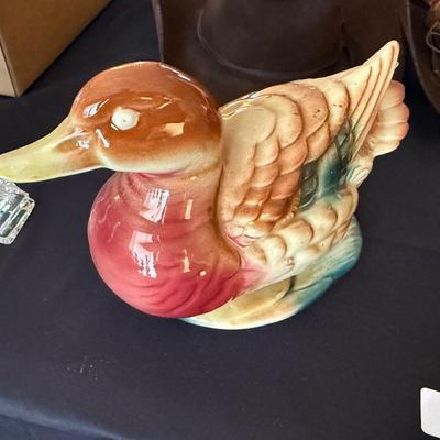 2 Duck themed decorations - 1 ceramic & 1 glass decanter