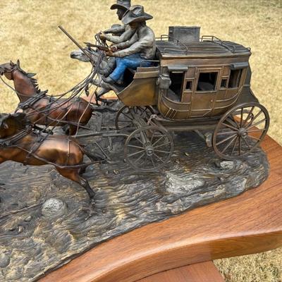 "Downing the Nigh Leader" large/heavy Bronze by Roy Harris - Wagontrain scene