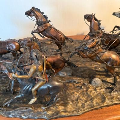 "Downing the Nigh Leader" large/heavy Bronze by Roy Harris - Wagontrain scene