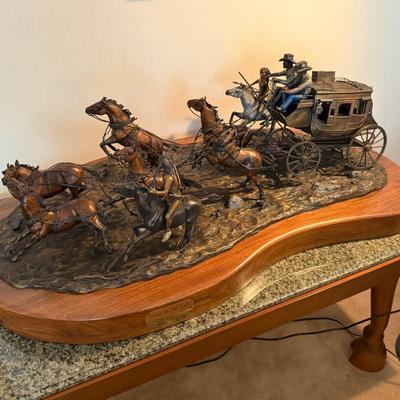 "Downing the Nigh Leader" large/heavy Bronze by Roy Harris - Wagontrain scene