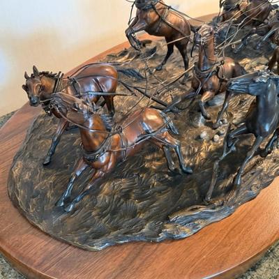 "Downing the Nigh Leader" large/heavy Bronze by Roy Harris - Wagontrain scene