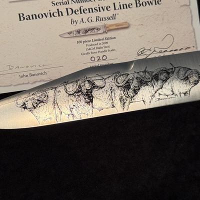 Collector AG Russel Bowie Knife w/etched blade artwork by J Banovich