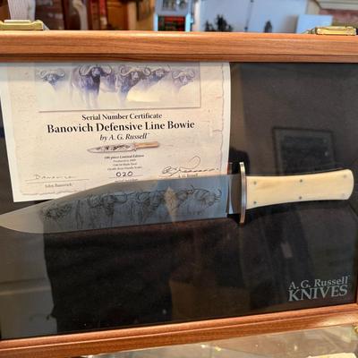 Collector AG Russel Bowie Knife w/etched blade artwork by J Banovich