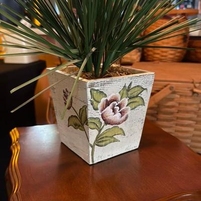 Floral Ceramic Planter with Faux Plant