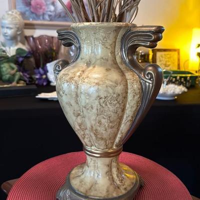 Vintage Marble-Style Vase with Dried Arr