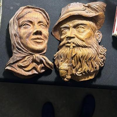 Hand-Carved Wood Wall Plaques Pair