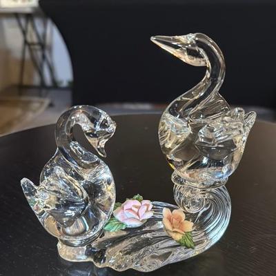 Glass Swan Figurine with Flowers