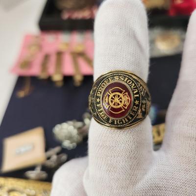 Fire Department Uniform Accessories Tie Clips, Belt Buckles, Buttons, Service Years Pins, Ring, Awards