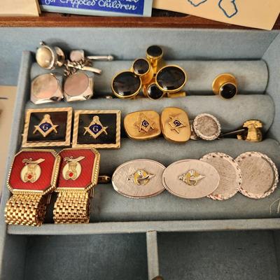 Mason Boumi Temple Tie Clips, Cuff Links, Pins, w Jewelry Box