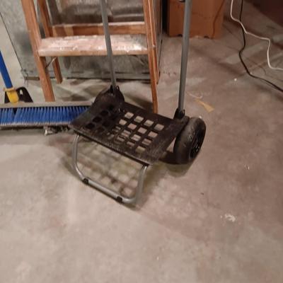 WERNER 3 FT WOODEN LADDER, PUSH BROOM AND SMALL FOLDING DOLLY