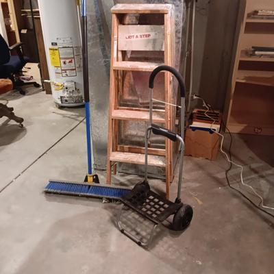WERNER 3 FT WOODEN LADDER, PUSH BROOM AND SMALL FOLDING DOLLY