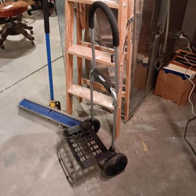 WERNER 3 FT WOODEN LADDER, PUSH BROOM AND SMALL FOLDING DOLLY