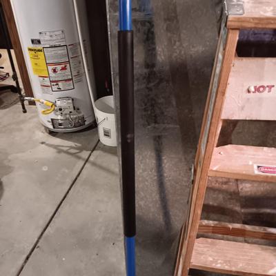 WERNER 3 FT WOODEN LADDER, PUSH BROOM AND SMALL FOLDING DOLLY