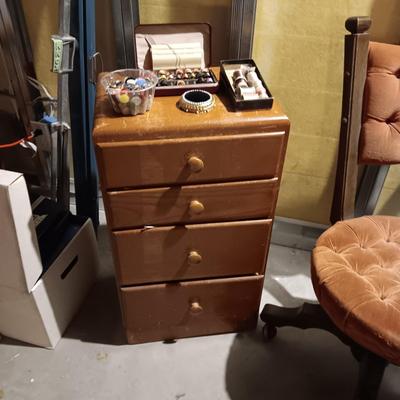 ANTIQUE CHAIR ON CASTERS AND A SMALL 4 DRAWER CHEST PACKED WITH SEWING NOTIONS AND CRAFT SUPPLIES