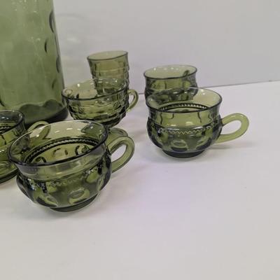 Hazel Atlas Green Coin Dot Water Pitcher & Glasses